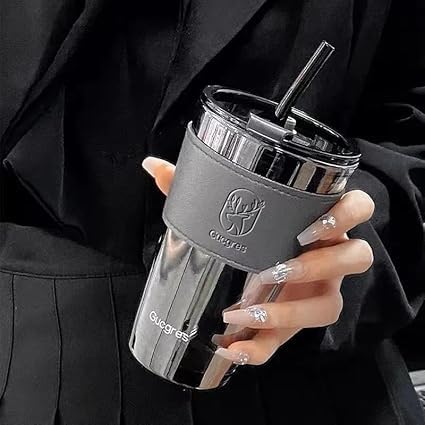 SipMate Deluxe Glass Coffee Mug – 450ml with Straw & Lid