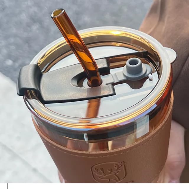 SipMate Deluxe Glass Coffee Mug – 450ml with Straw & Lid