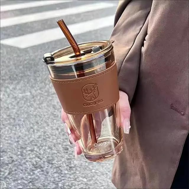 SipMate Deluxe Glass Coffee Mug – 450ml with Straw & Lid