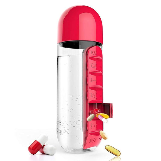 2-in-1 Pill and Water Bottle Organizer for Daily Medication, Supplementation, Hydration