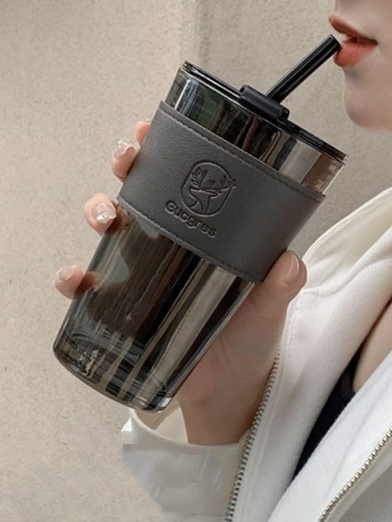 SipMate Deluxe Glass Coffee Mug – 450ml with Straw & Lid