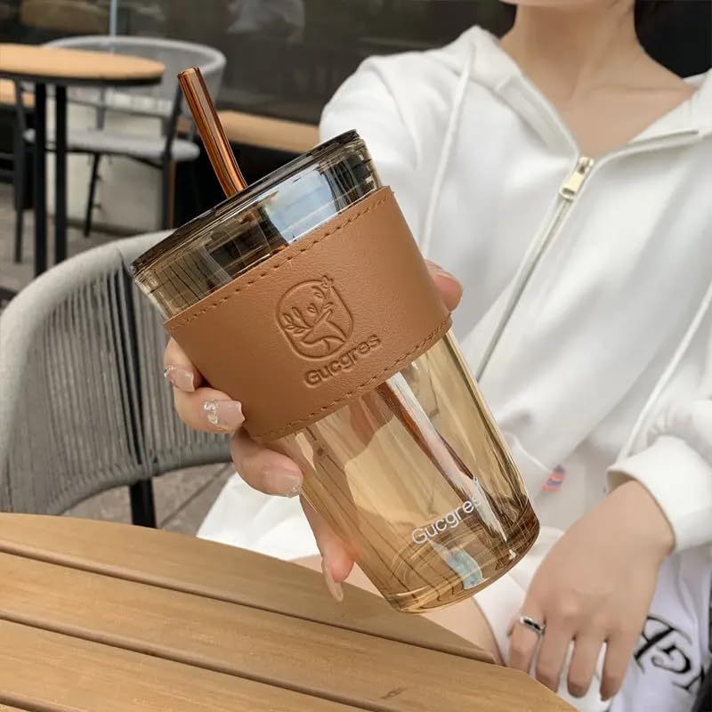 SipMate Deluxe Glass Coffee Mug – 450ml with Straw & Lid