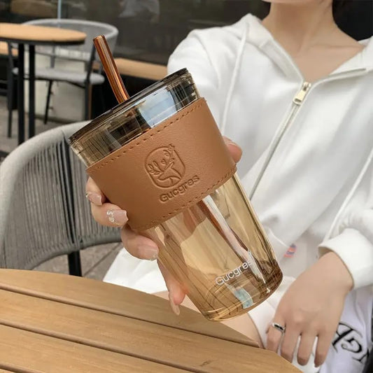 SipMate Deluxe Glass Coffee Mug – 450ml with Straw & Lid