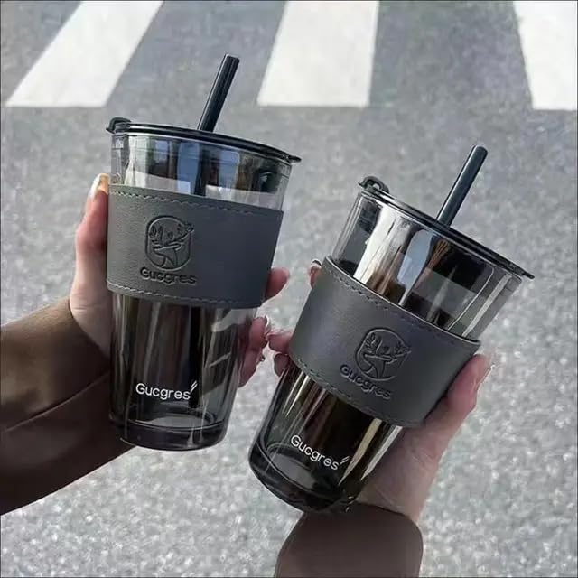 SipMate Deluxe Glass Coffee Mug – 450ml with Straw & Lid