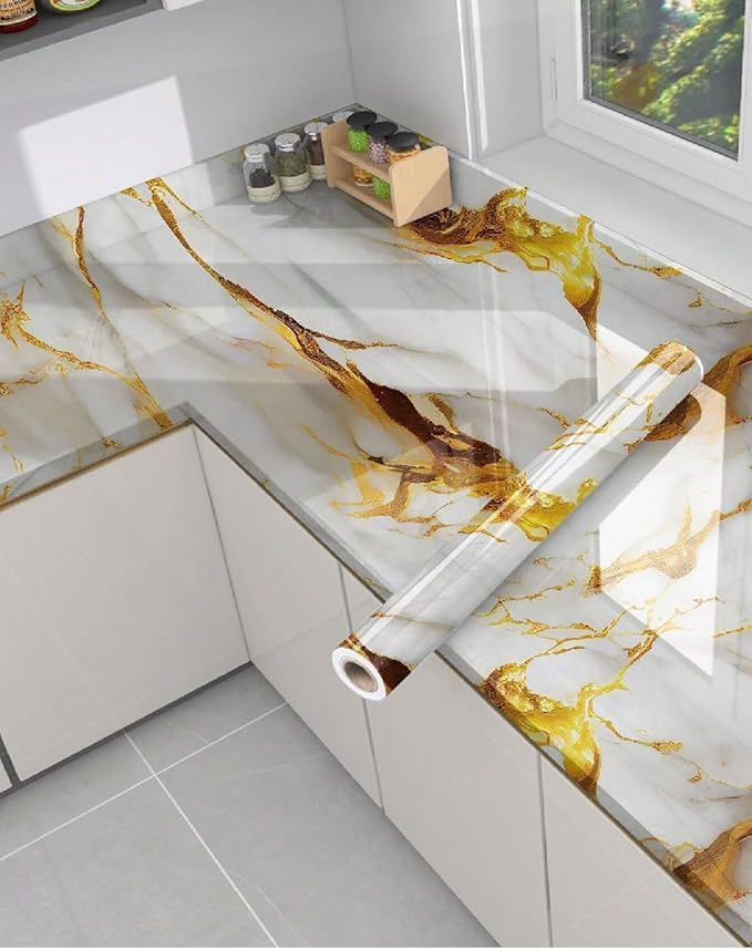 Premium White & Golden Marble Peel & Stick Wallpaper – Luxury, Waterproof, Easy Installation
