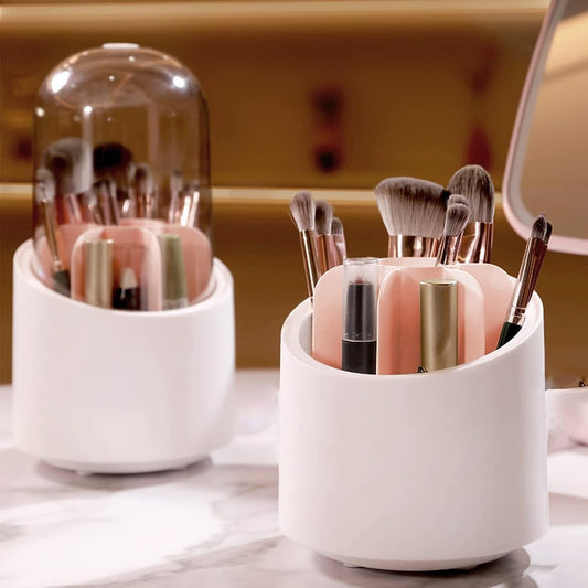360° Rotating Makeup Brush Holder – Dustproof Organizer with Lid