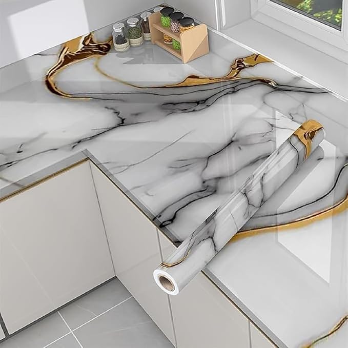 Golden White Peel & Stick Wallpaper – Waterproof & Oilproof Wall & Furniture Stickers