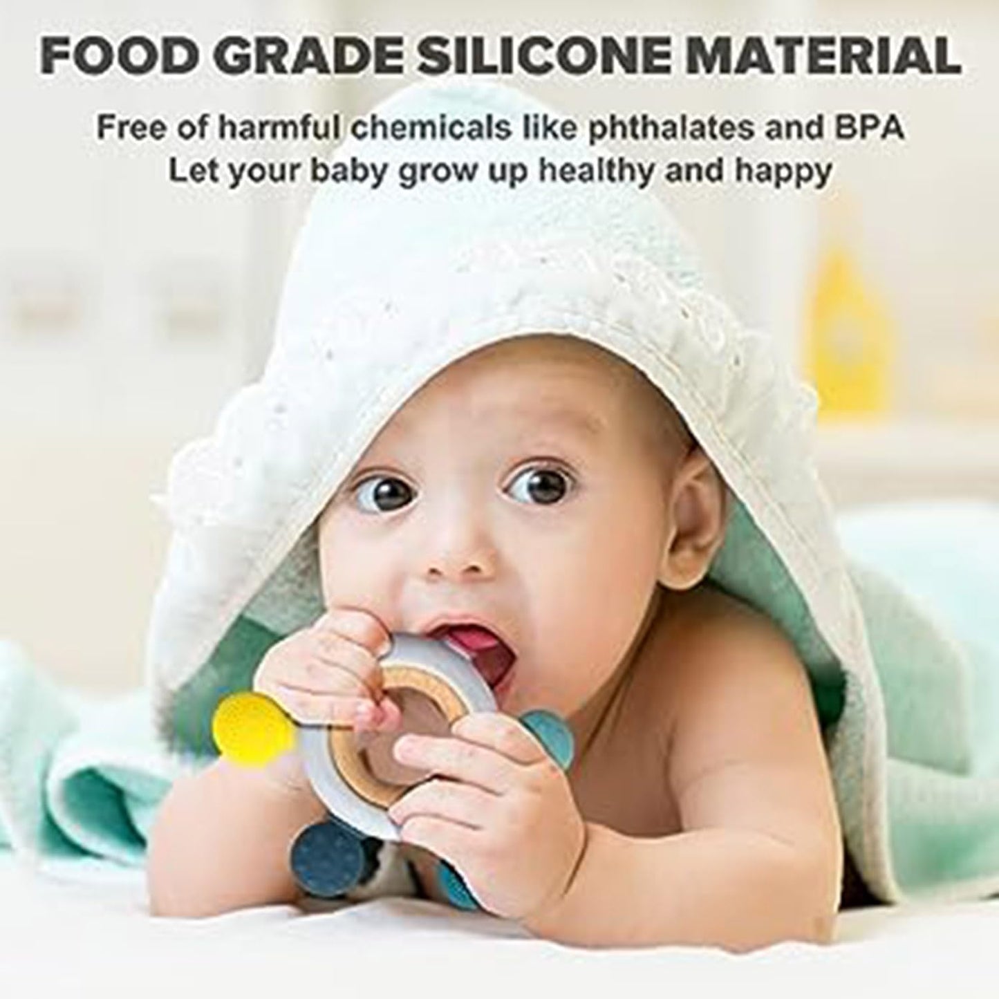 Premium Silicone & Wood Baby Teether – BPA-Free Teething Toy for 3+ Months Baby