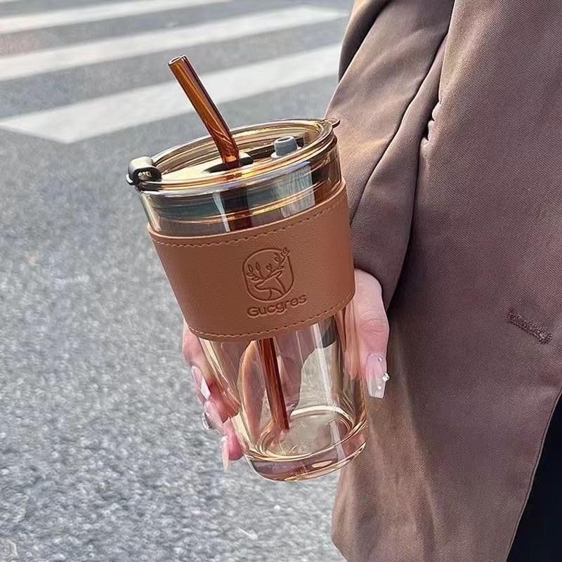 SipMate Deluxe Glass Coffee Mug – 450ml with Straw & Lid