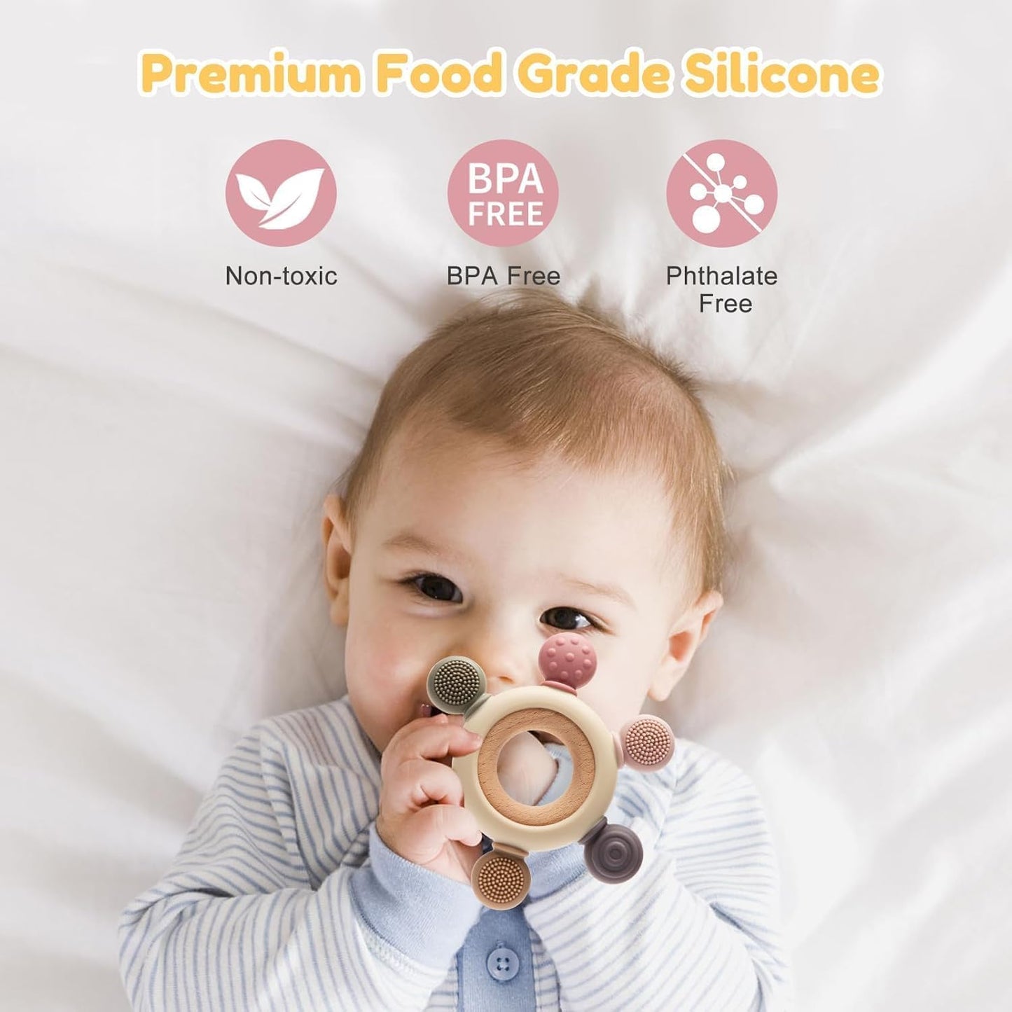 Premium Silicone & Wood Baby Teether – BPA-Free Teething Toy for 3+ Months Baby