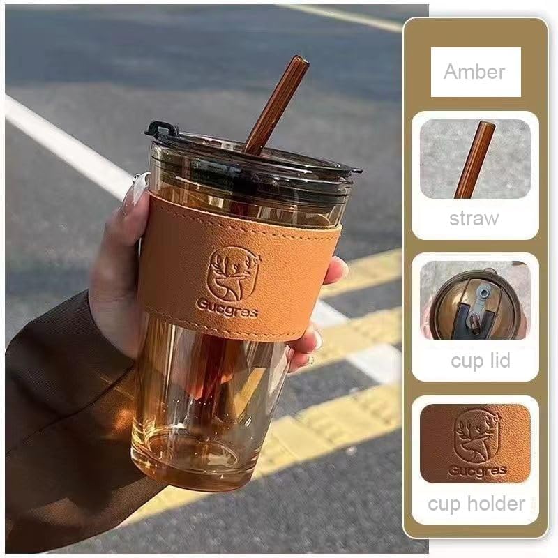 SipMate Deluxe Glass Coffee Mug – 450ml with Straw & Lid