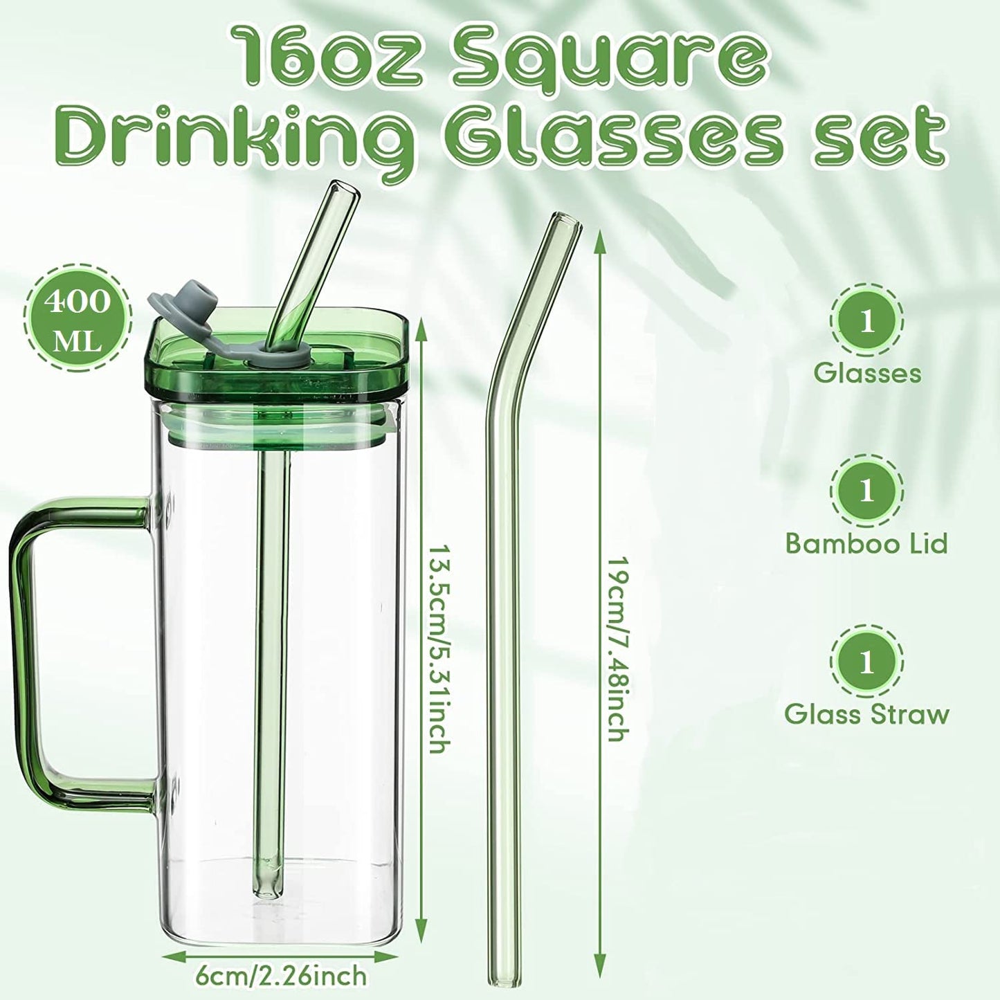 Square Glass with Lid and Straw