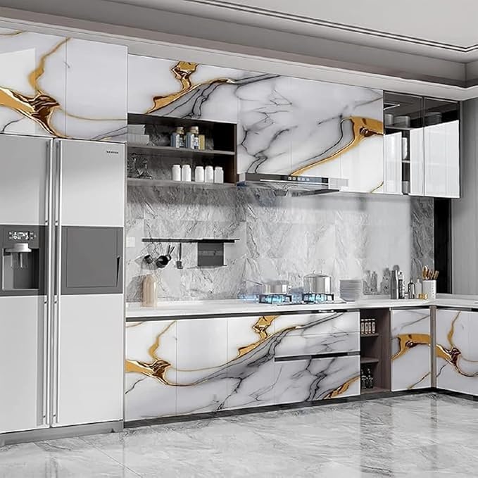 Golden White Peel & Stick Wallpaper – Waterproof & Oilproof Wall & Furniture Stickers