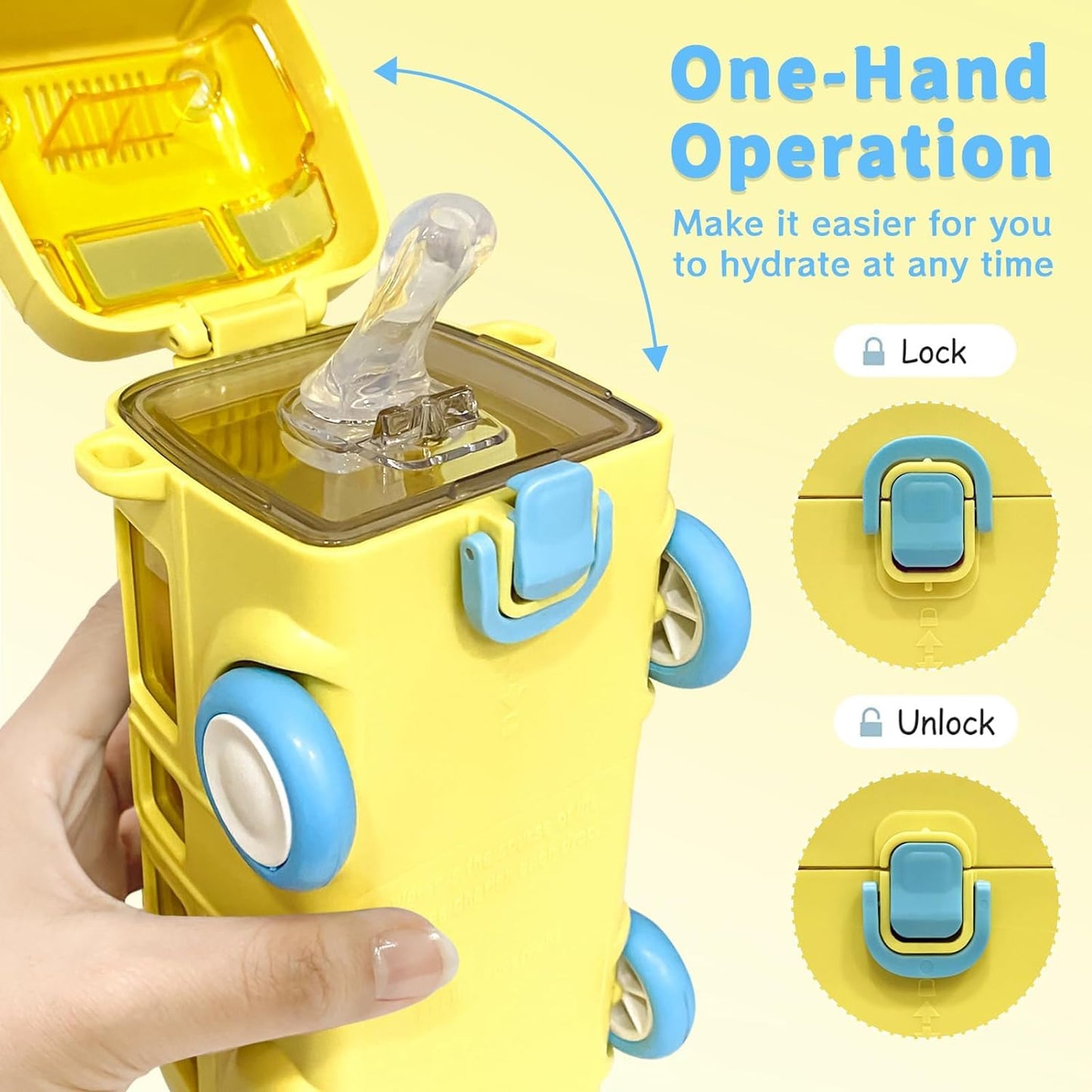 Premium Bus Water Bottle For Kids With Strap, Sipper, & Straw