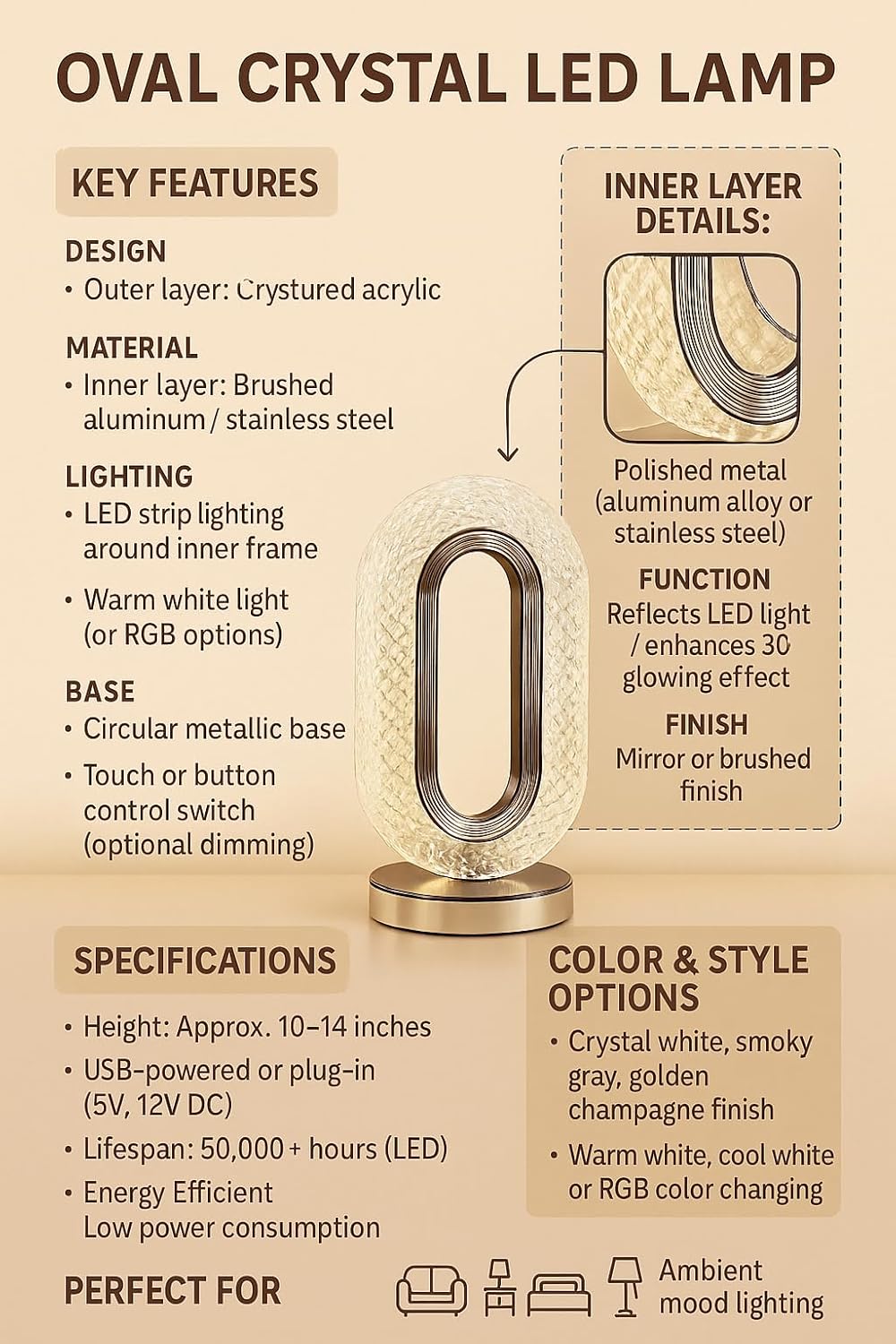Oval Acrylic Crystal Lamp| Touch Control Desk Night Light