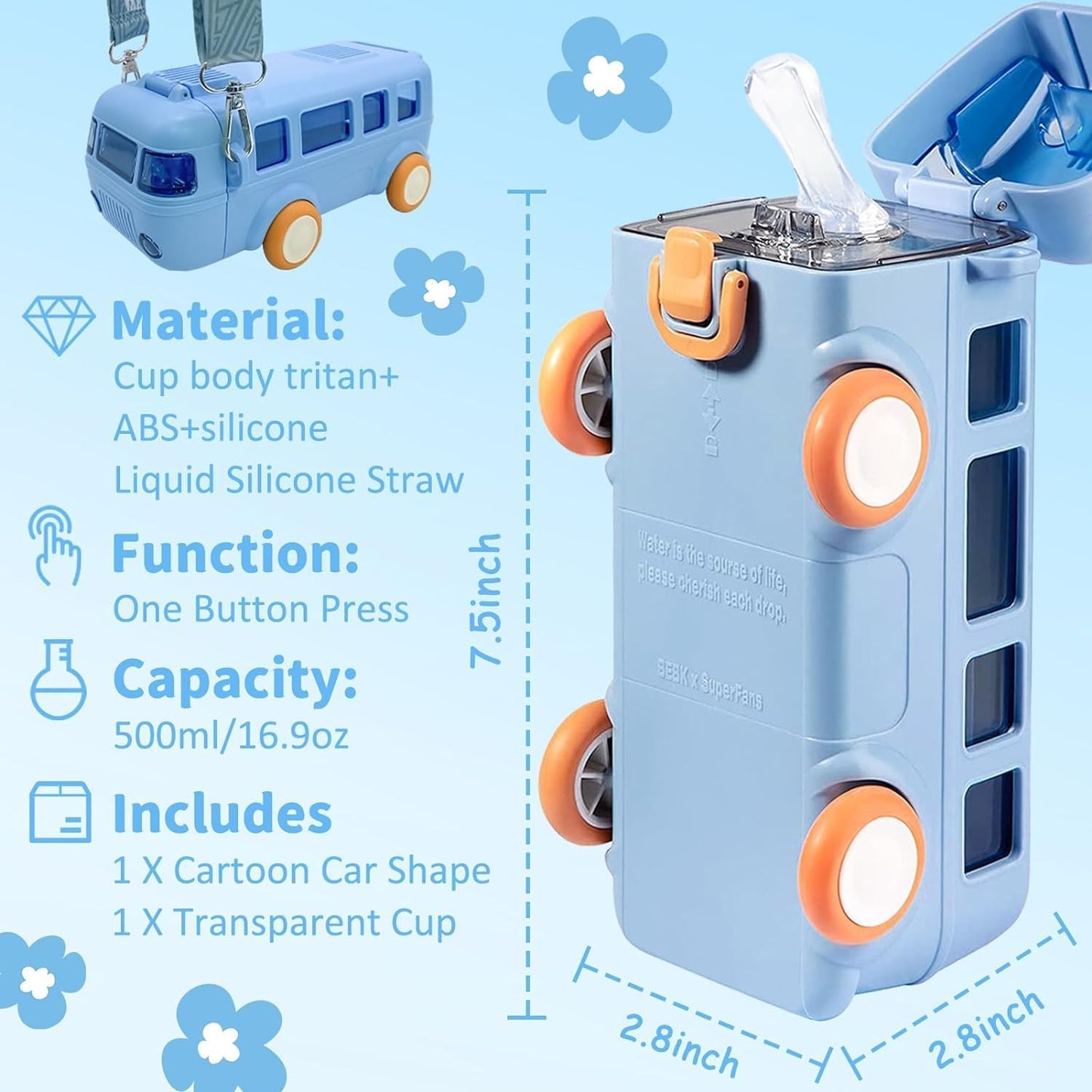 Premium Bus Water Bottle For Kids With Strap, Sipper, & Straw
