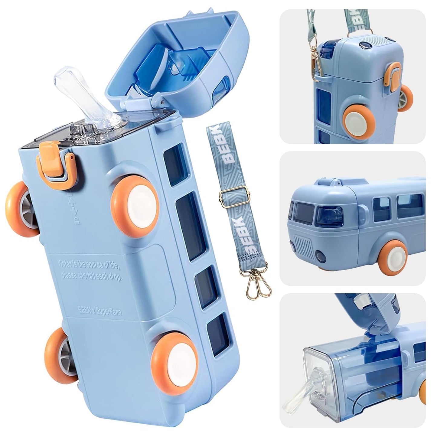 Premium Bus Water Bottle For Kids With Strap, Sipper, & Straw