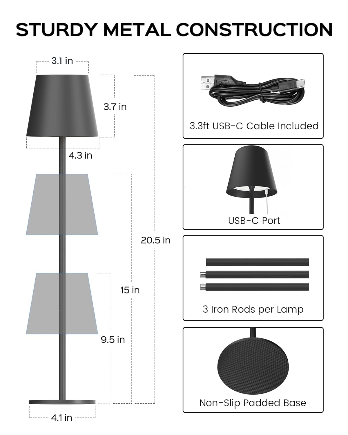 Premium Black Cordless Table Lamp- With 3 light modes