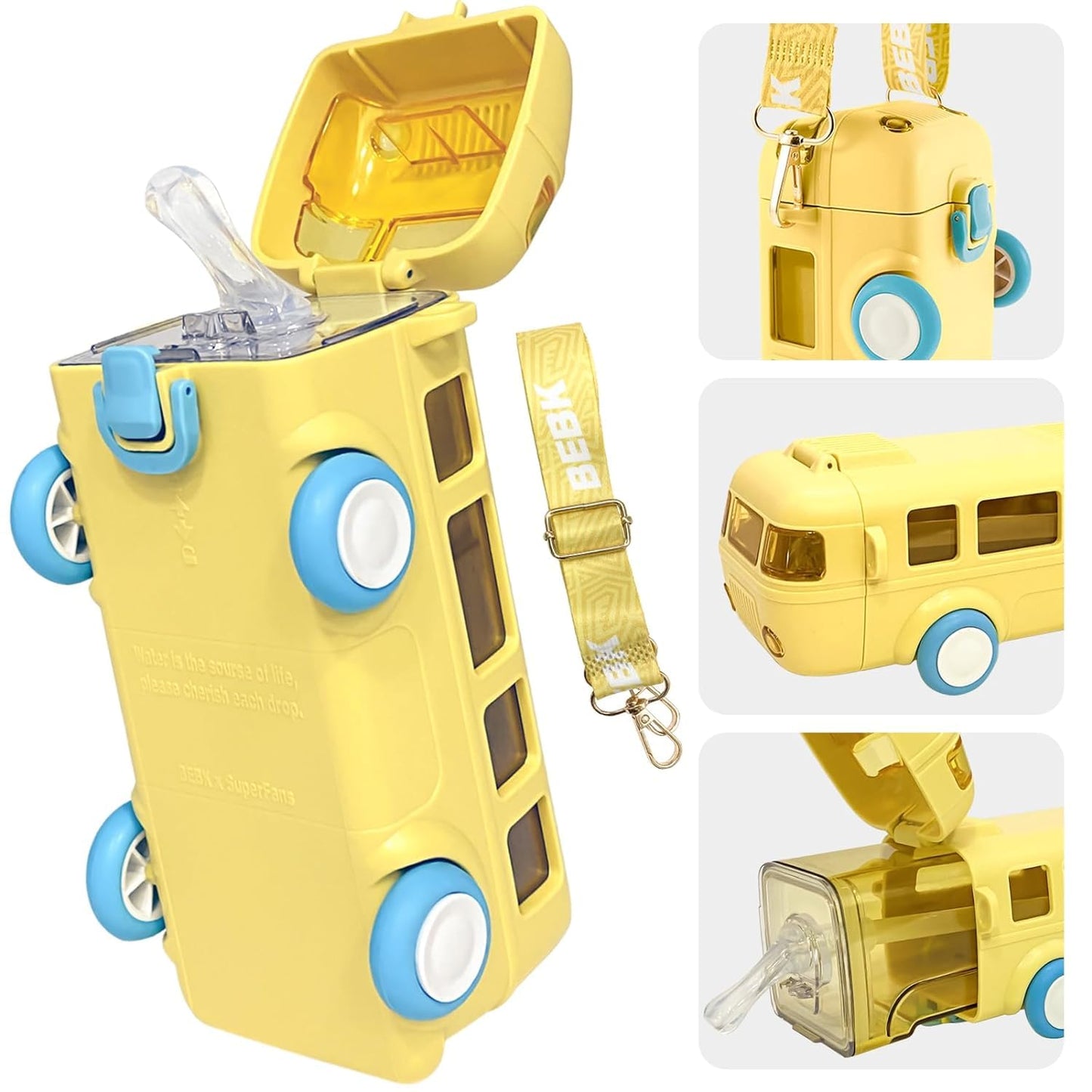Premium Bus Water Bottle For Kids With Strap, Sipper, & Straw
