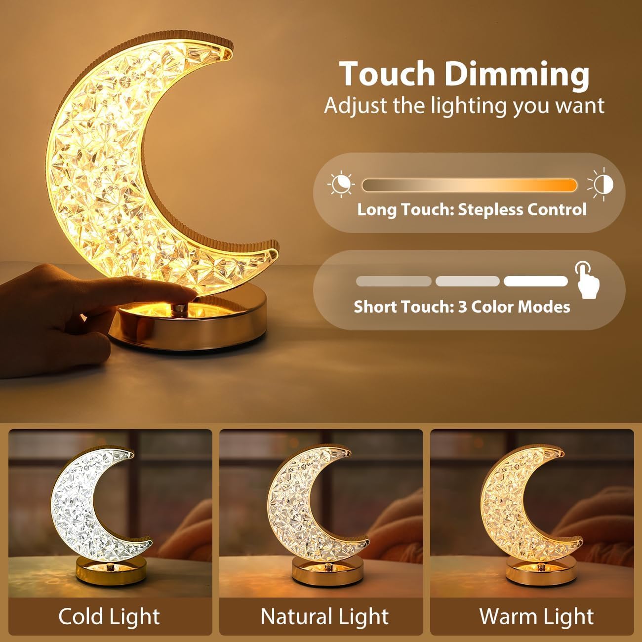 Crystal Half Moon Night Lamp- LED Crescent Moon Light with Diamond Effect