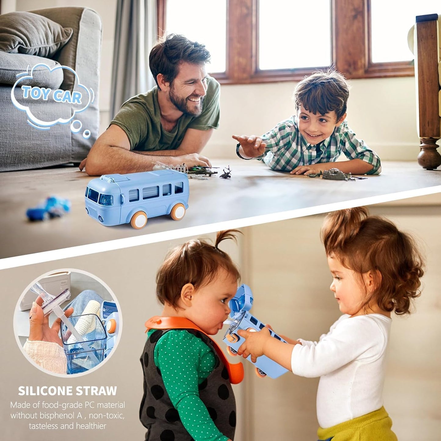 Premium Bus Water Bottle For Kids With Strap, Sipper, & Straw
