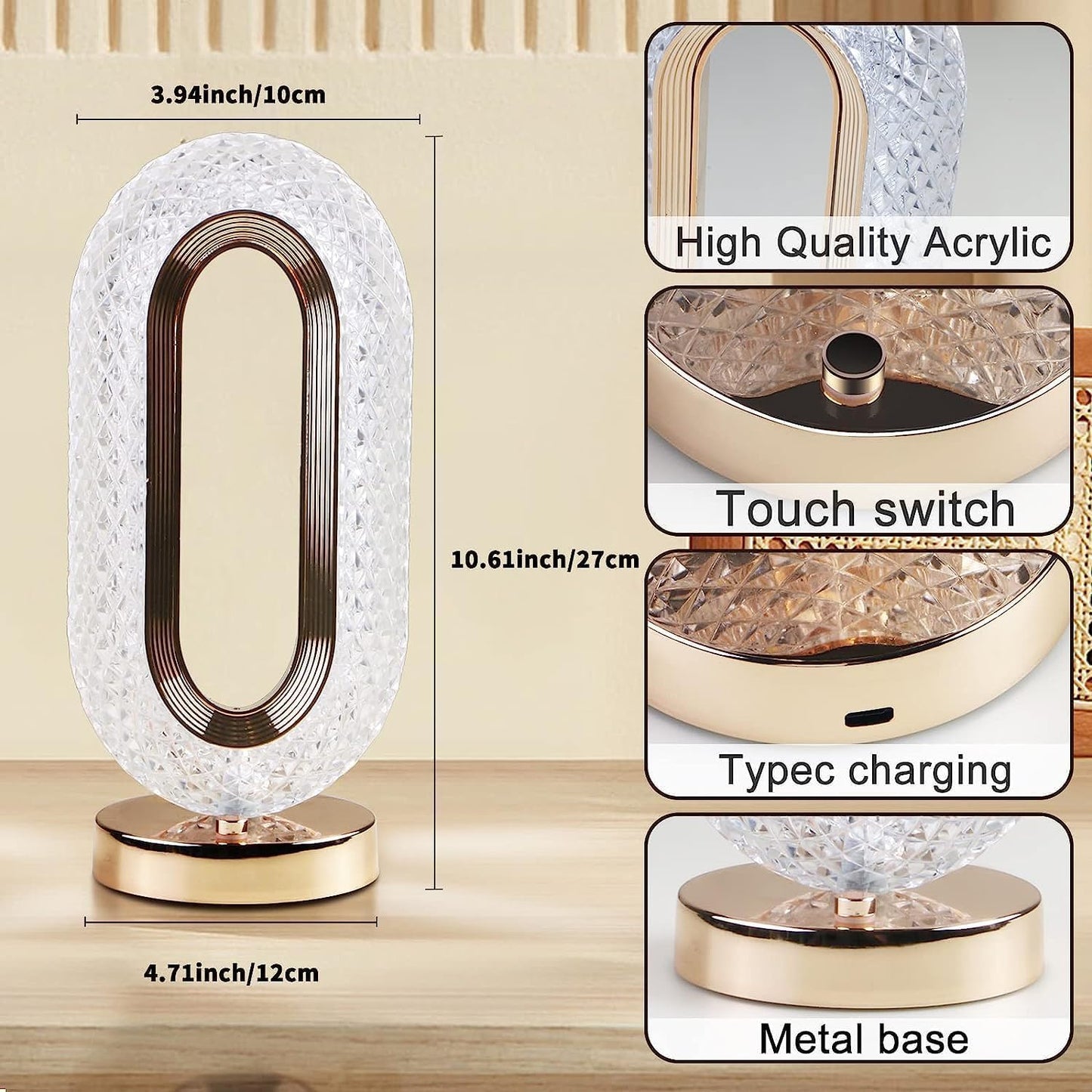 Oval Acrylic Crystal Lamp| Touch Control Desk Night Light