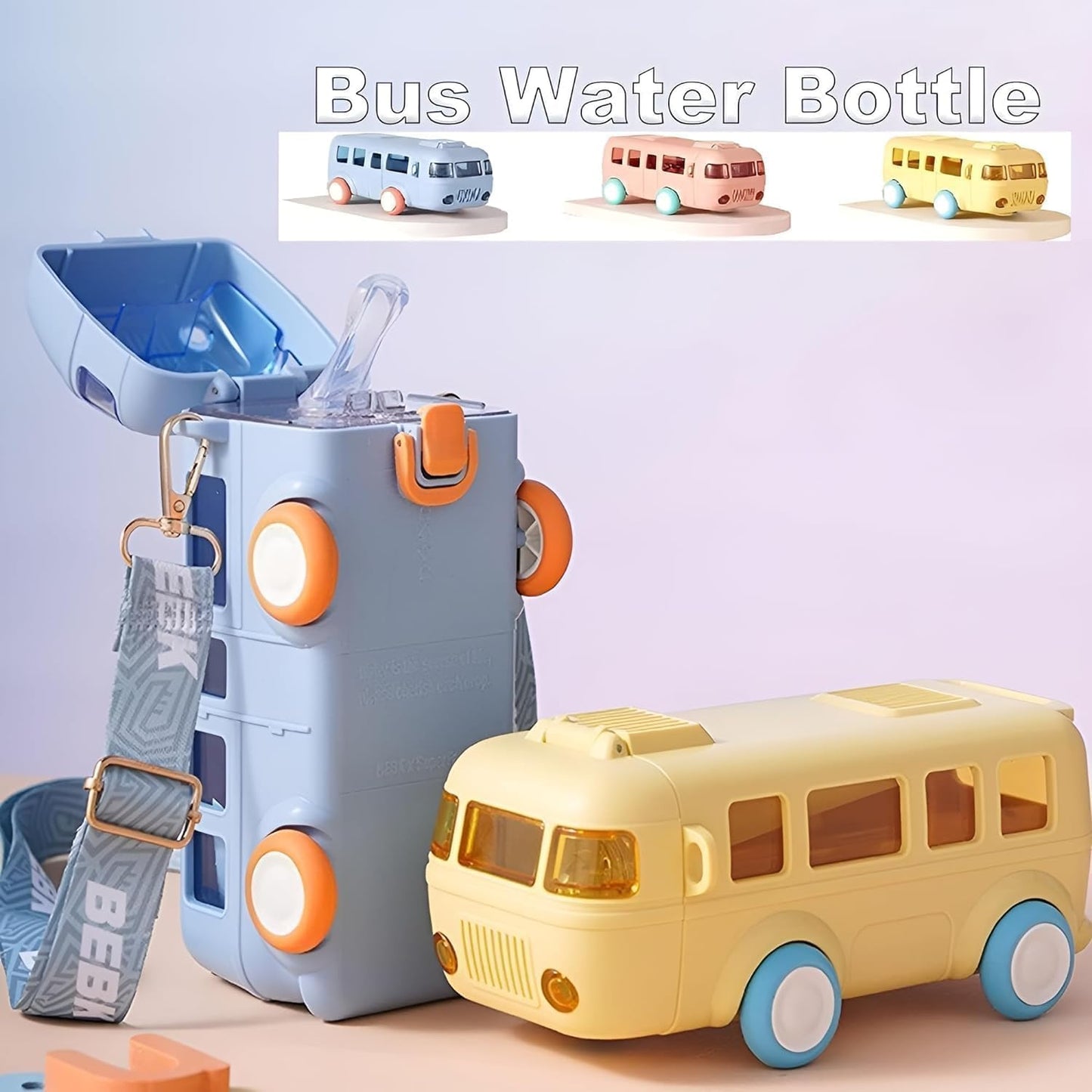 Premium Bus Water Bottle For Kids With Strap, Sipper, & Straw