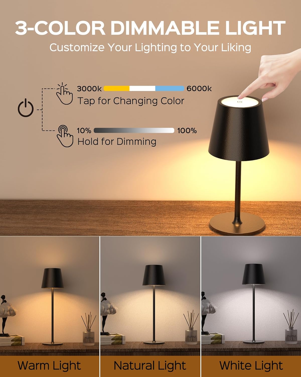 Premium Black Cordless Table Lamp- With 3 light modes