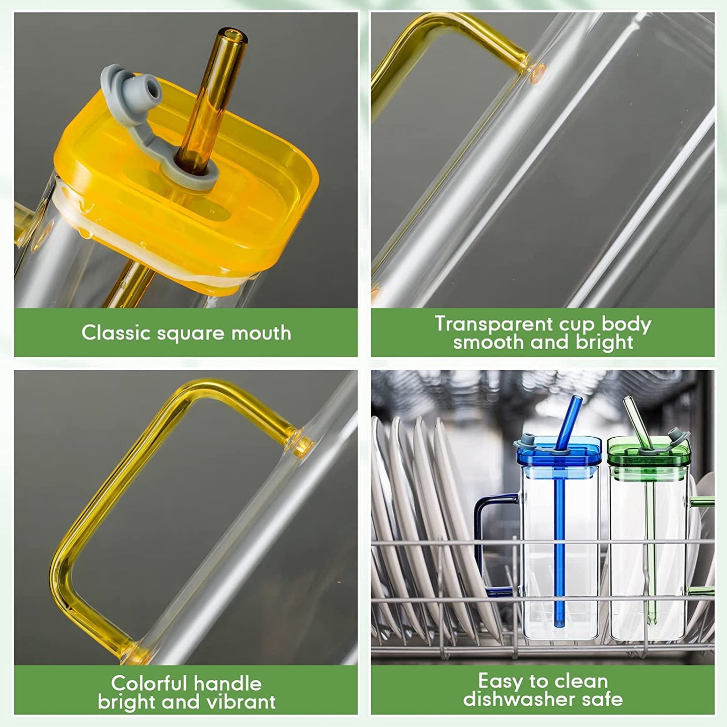 Square Glass with Lid and Straw