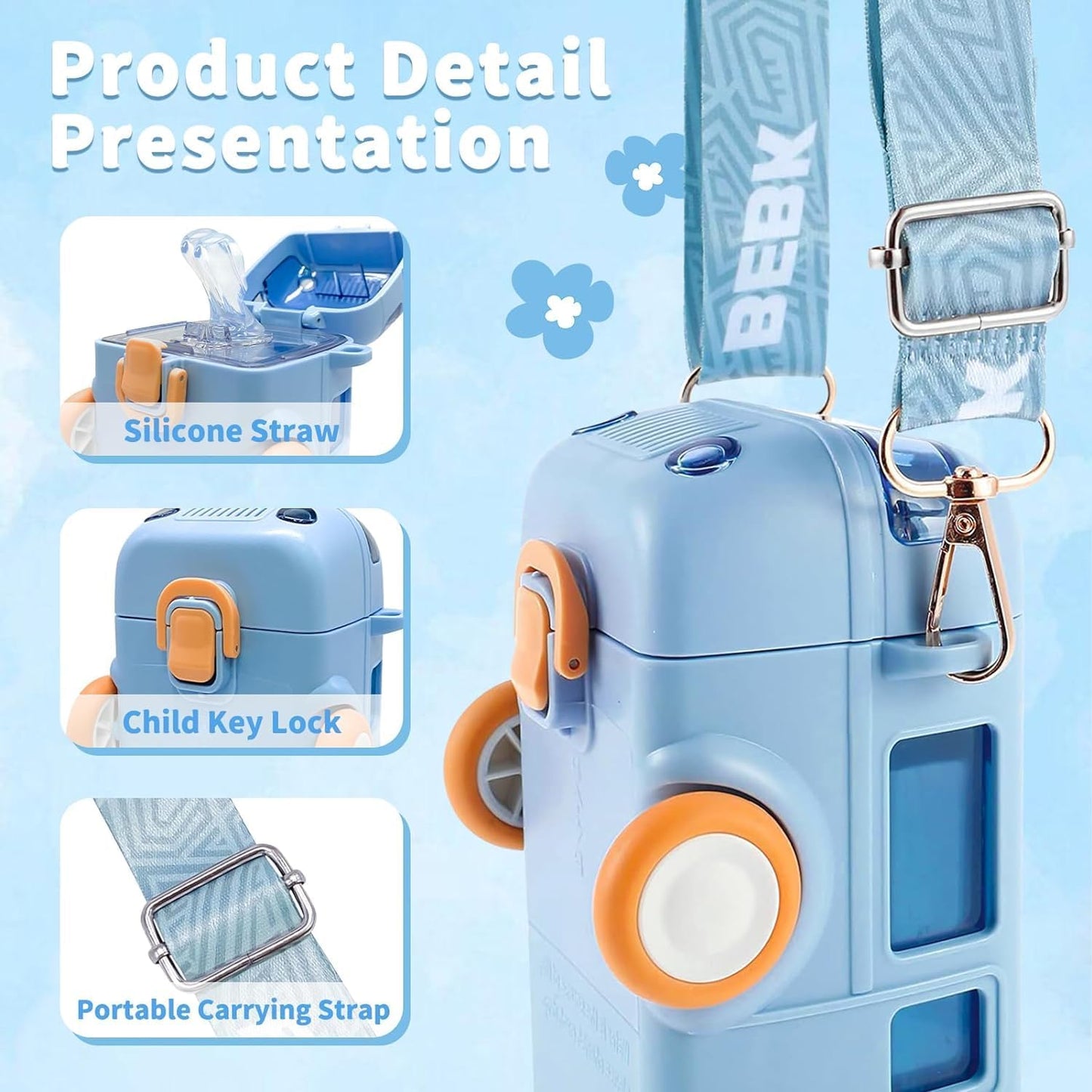 Premium Bus Water Bottle For Kids With Strap, Sipper, & Straw