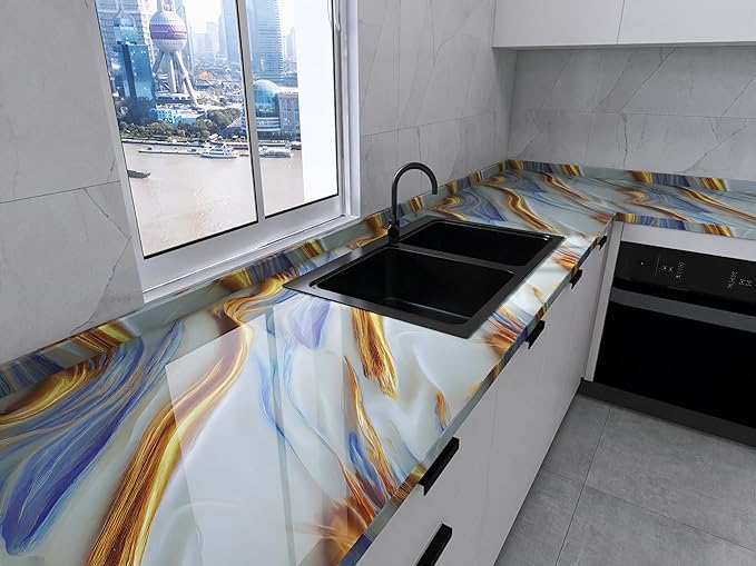 Italian Golden Blue Lava Marble Wallpaper – Self-Adhesive, Waterproof