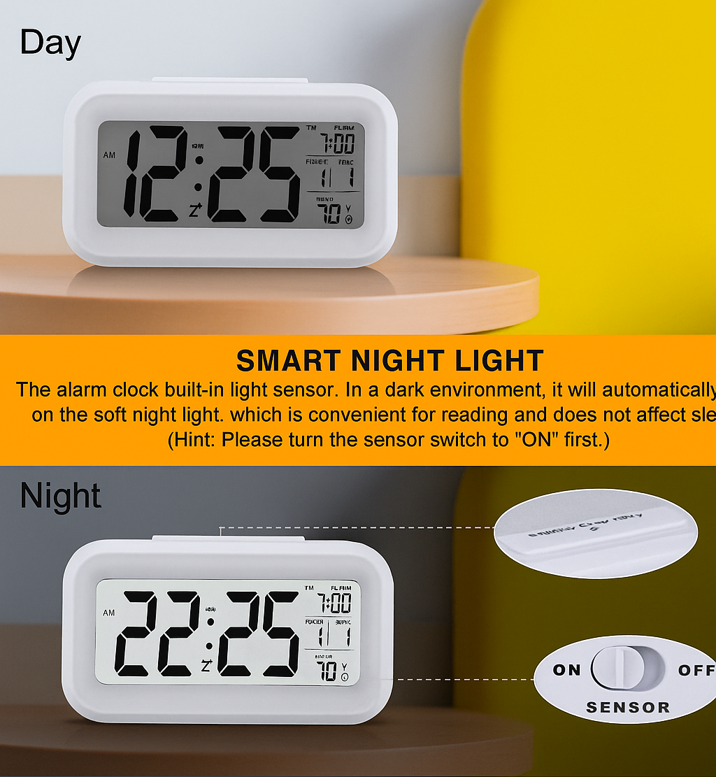LED Digital Alarm Clock  with Automatic Sensor, Date & Temperature.