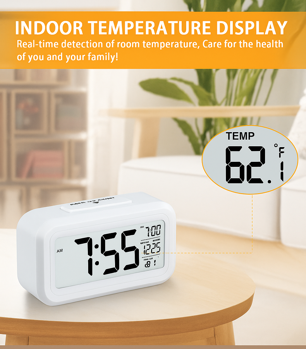LED Digital Alarm Clock  with Automatic Sensor, Date & Temperature.