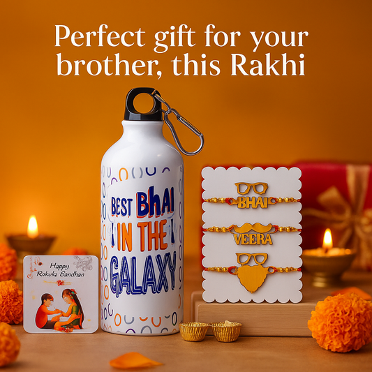 Best Bhai in the Galaxy – Raksha Bandhan Gift Combo (3 Quirky Rakhis + Printed Sipper Bottle + Festive Greeting Card)