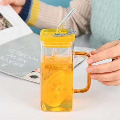 Square Glass with Lid and Straw