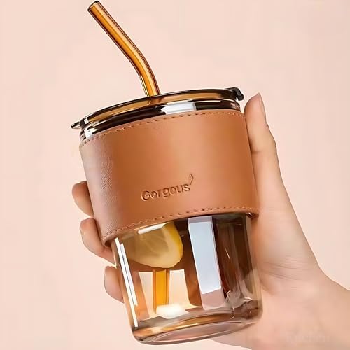 SipMate Premium Glass Coffee Mug – 400ml with Lid & Straw