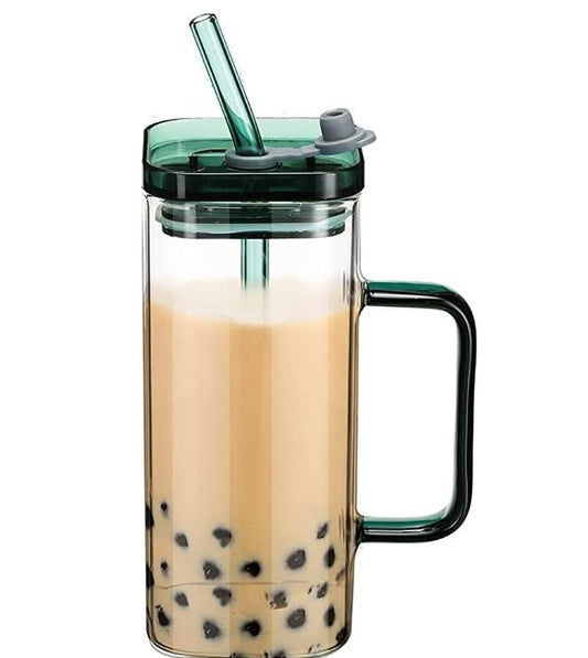 Square Glass with Lid and Straw
