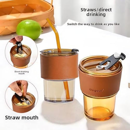 SipMate Premium Glass Coffee Mug – 400ml with Lid & Straw