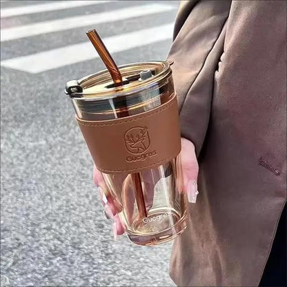 SipMate Deluxe Glass Coffee Mug – 450ml with Straw & Lid