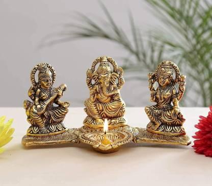 Gold-Plated Lakshmi Ganesh Saraswati Idol with Deepak – A Divine Trio for Prosperity, Wisdom & Blessings