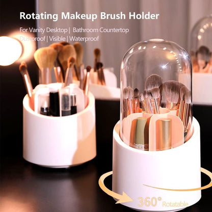 360° Rotating Makeup Brush Holder – Dustproof Organizer with Lid