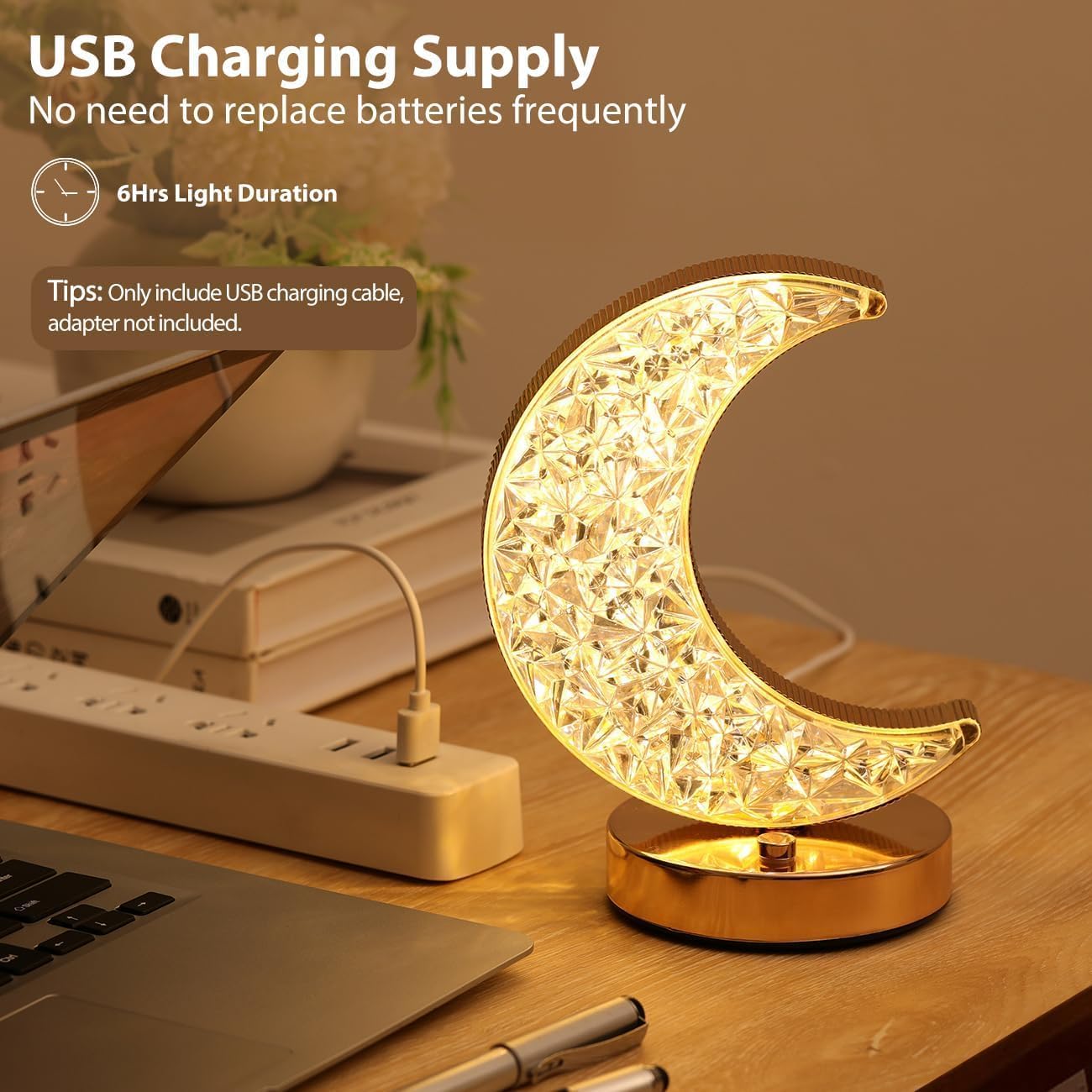 Crystal Half Moon Night Lamp- LED Crescent Moon Light with Diamond Effect