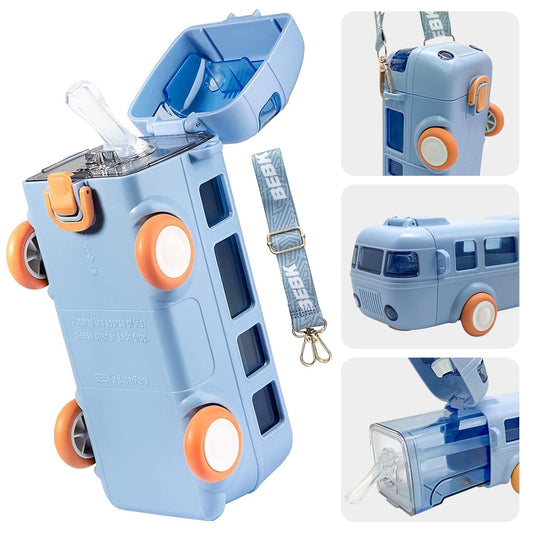 Premium Bus Water Bottle For Kids With Strap, Sipper, & Straw