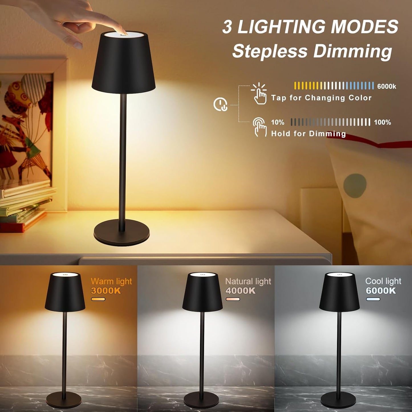 Premium Black Cordless Table Lamp- With 3 light modes
