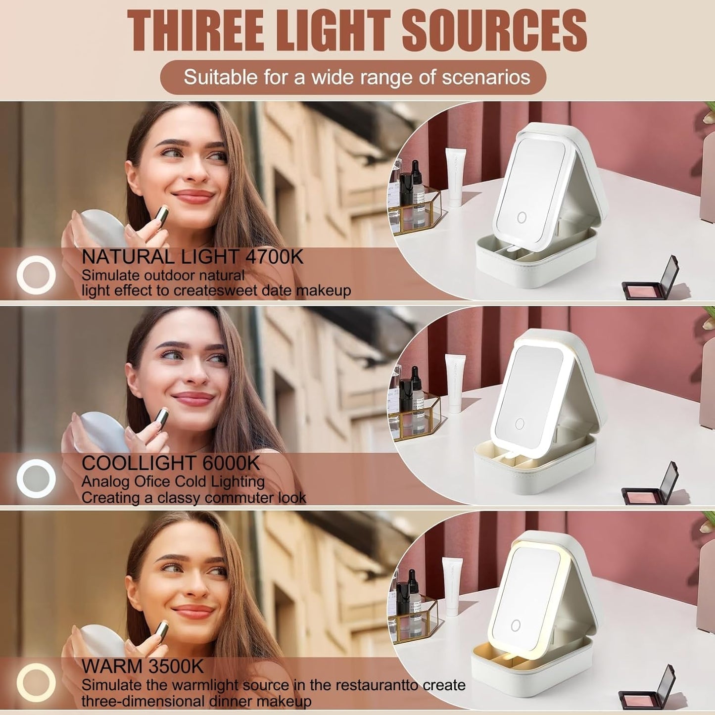 Travel Makeup Bag with LED Mirror- 3  color adjustable lighting