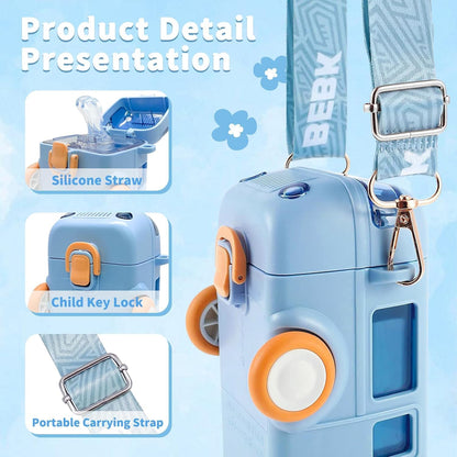 Premium Bus Water Bottle For Kids With Strap, Sipper, & Straw
