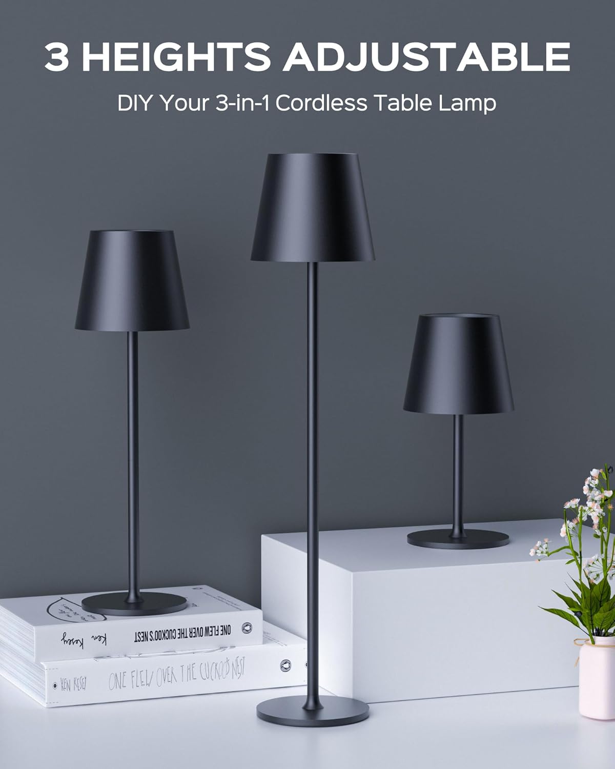 Premium Black Cordless Table Lamp- With 3 light modes