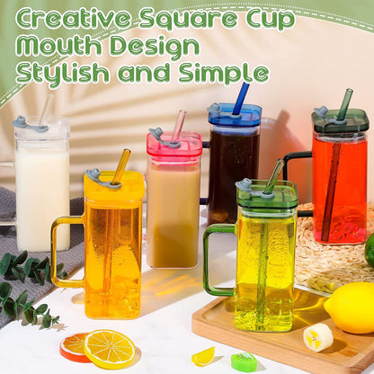 Square Glass with Lid and Straw