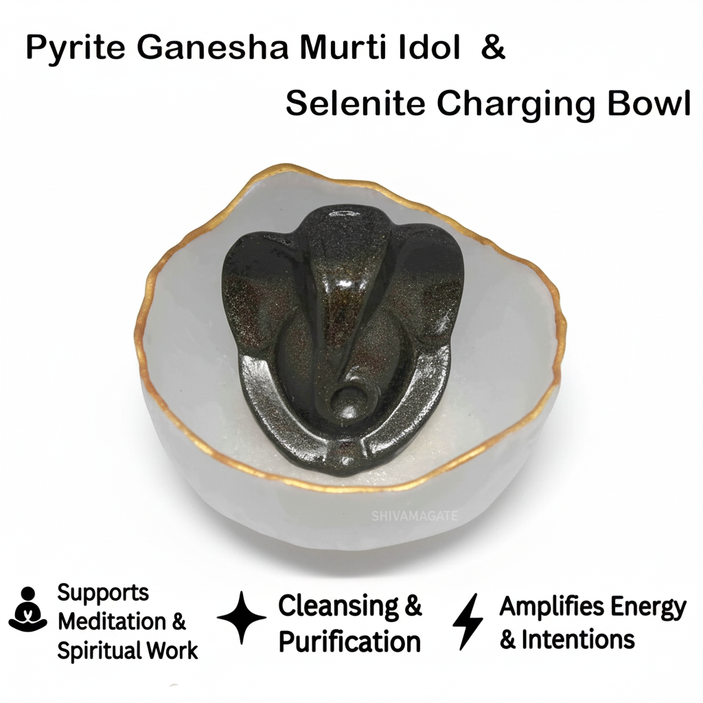 Premium Selenite Money Bowl with Lord Ganesha Pyrite Idol