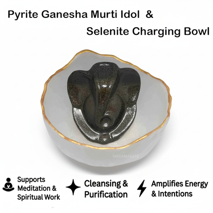Premium Selenite Money Bowl with Lord Ganesha Pyrite Idol